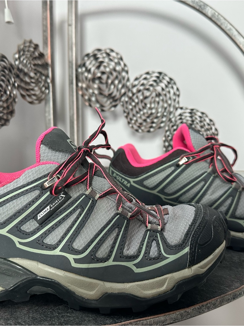 Women's Salomon Gray and Hot Pink Waterproof Hiking Shoes